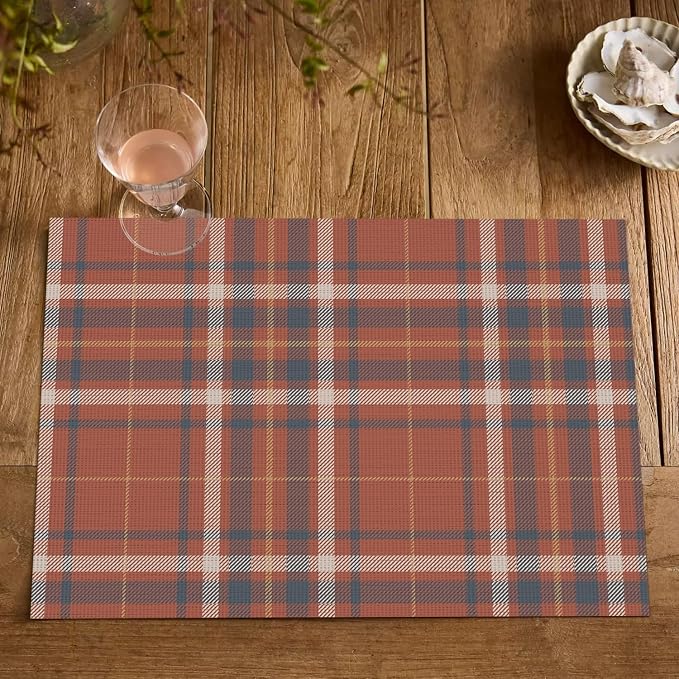 Artoid Mode Stripe Plaid Vinyl Placemats Set of 4, 12x18 Inch Washable Non-Slip Heat Resistant Plastic Place Mats for Party Dining Table, Rust