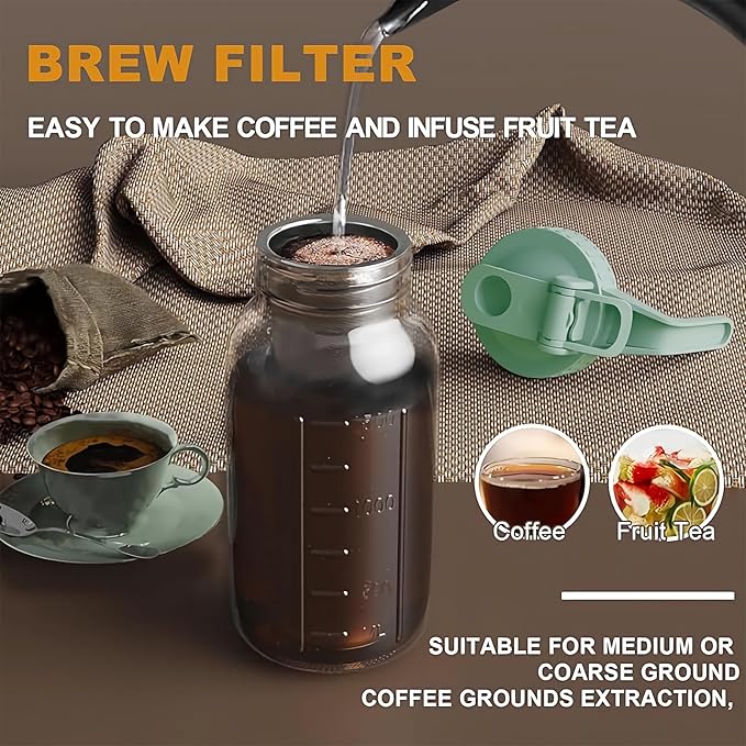 Cold Brew Coffee Maker, 64 oz Glass Mason Jar Pitcher | 100μm stainless steel filter, wide mouth design, leak-proof lid with handle, pour spout for iced coffee, tea and cold drinks