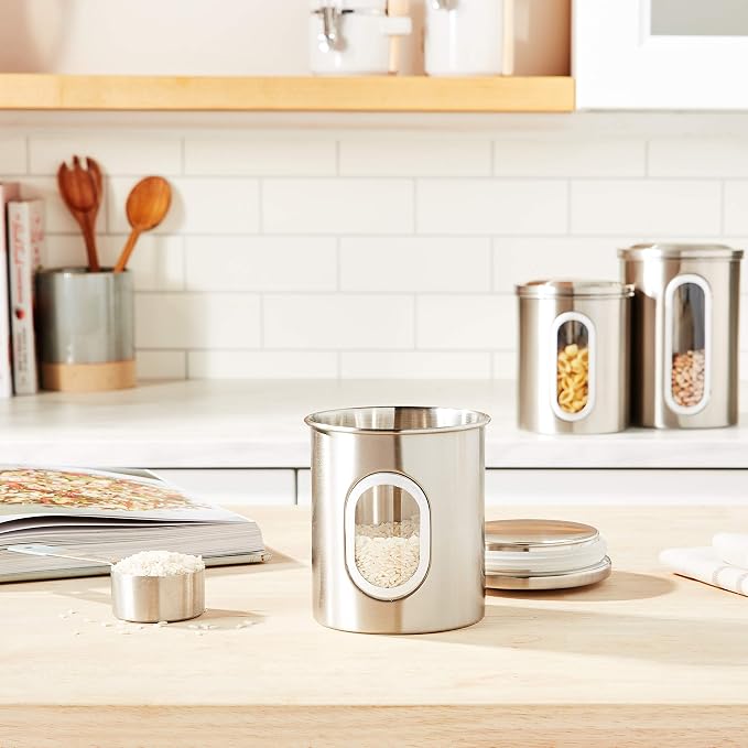 Fox Run Stainless Steel Canister Set For Kitchen Counter, 3 Container Set | Stores Sugar, Coffee, Flour & More | Organize Kitchen Counters | Airtight Lids | Durable Stainless Steel With Glass Window