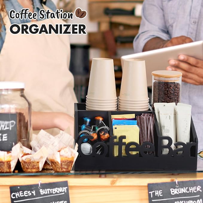 Coffee Bar Organizer Countertop, Wood Tea & Coffee Pod Station Caddy, Black | Tea Bags, Coffee Pods, Cups & Condiments