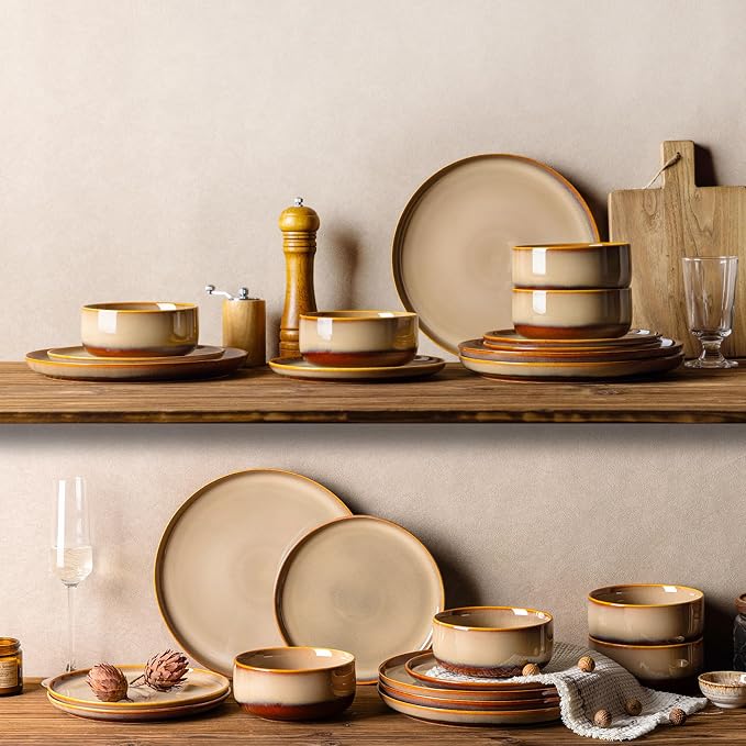 Ceramic Dinnerware Set for 4, 12-Piece Plates and Bowls Set | Handmade Reactive Glaze Dish Set, Scratch Resistant, Oven & Microwave & Dishwasher Safe, Creamy Amber