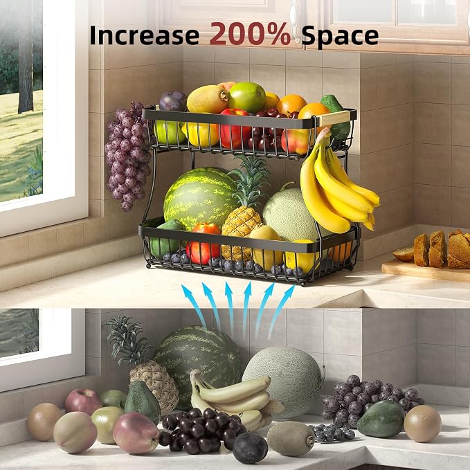 2-Tier Fruit Basket with Banana Hangers, Detachable Metal Bowl | Wooden handle, protective mats included. Versatile holder for bread, snacks, and veggies. 2-Pack 2 tier metal design.