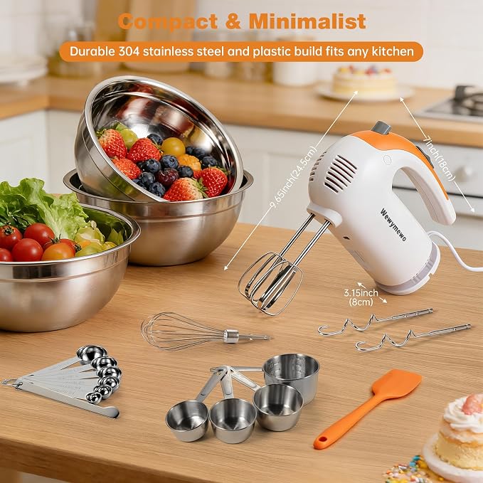300W 5-Speed Hand Mixer with 3 Bowls & Accessories for Baking | Complete Kitchen Cake Mixer Includes Paddle, Dough Hook, Whisk, Measuring Cups & Spoons – Nesting Bowls Space-Saving Design