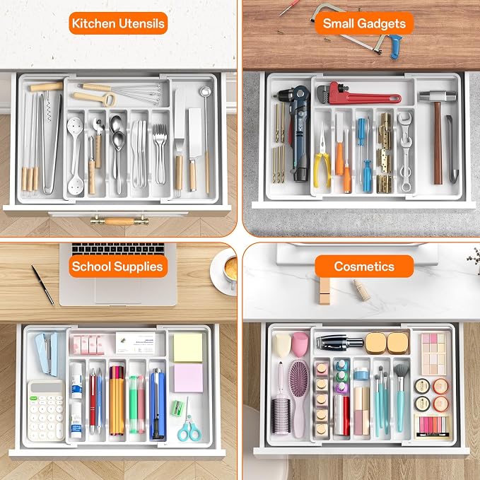 RoomHacks Large Silverware Organizer,Expandable Utensil Drawer Organizer,BPA Free Utensil Holder,Adjustable Silverware Tray Cutlery Drawer Organizer for Kitchen Flatware,Large,White (6-8 Slots)
