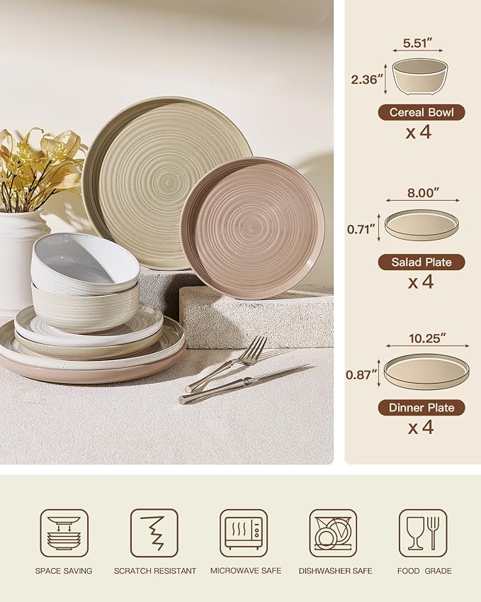 Stoneware Dinnerware Set for 4, Plates & Bowls, Multicolor | 12-Piece Ceramic Speckled Spiral Dishes, Chip & Scratch Resistant, Microwave & Dishwasher Safe, Everyday Use, Farmhouse Style