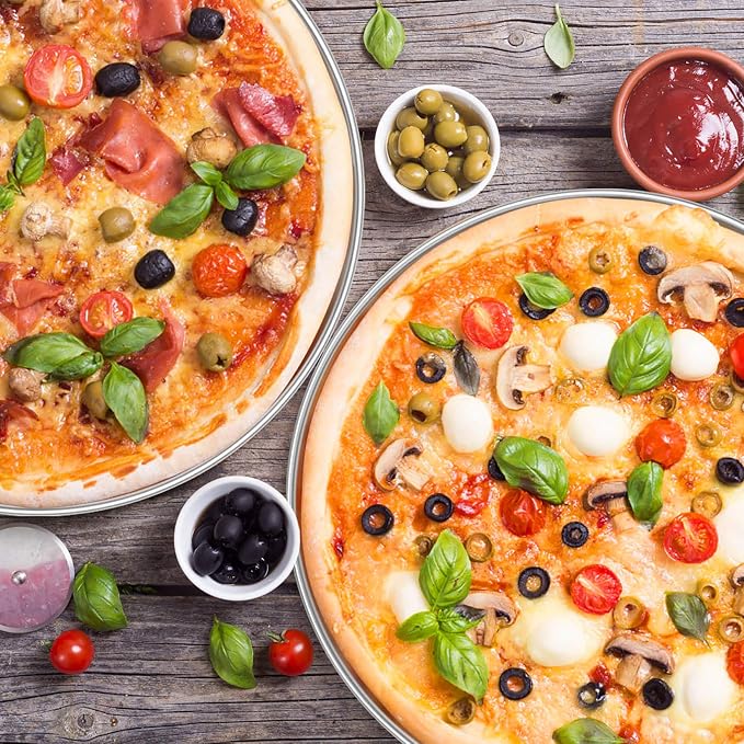 P&P CHEF Pizza Pan Set of 2, 13.5 Inch Stainless Steel Pizza Tray, Silver | 2 Pieces Round Pizzas Plate for Pie Cookie Cake, Good For Baking Cooking Roasting, Non Toxic & Heavy Duty, Dishwasher Safe