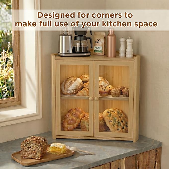 Corner Bread Box for Kitchen Countertop, Double Layer Bamboo Bread Bin with Clear Windows and Double Doors, Wooden Bread Storage Container for Bread, Snacks, Natural