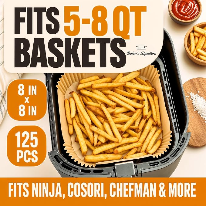 Air Fryer Paper Liners, 125Pcs Air Fryer Disposable Liners | Non-Stick and Oil Proof for Easy Cleanup, 8" Square for 5-8 qt Basket by Baker's Signature