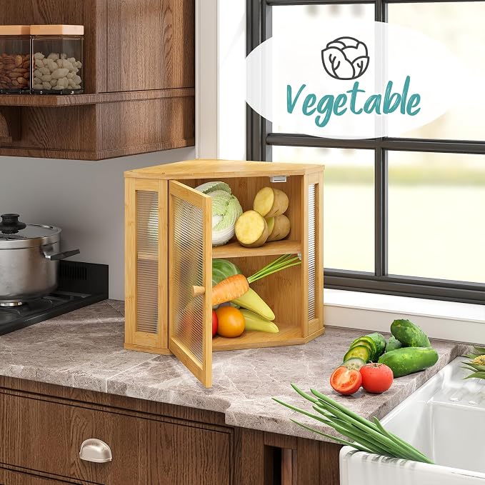 Corner Bread Box, Bamboo Bread Box for Kitchen Countertop, 2 Tier Wooden Bread Storage (Natural, Medium)