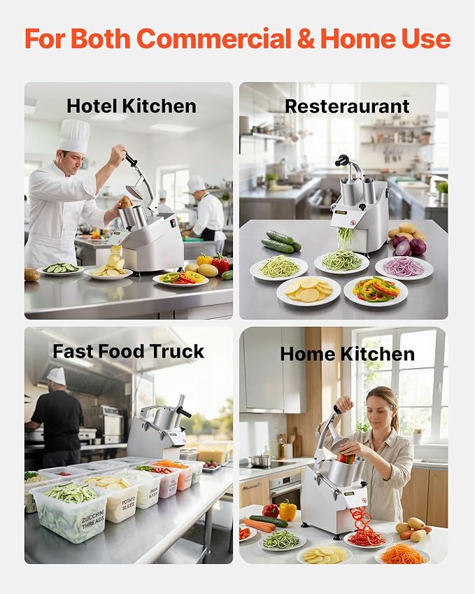 VEVOR Commercial Food Processor 550W Electric Vegetable Slicer 6 Blades | 2 Feeding Holes, 1600 RPM Stainless Steel Vegetable Processor, Interchangeable Blade, 3mm/4mm/7mm Shred and 2mm/4mm Slice