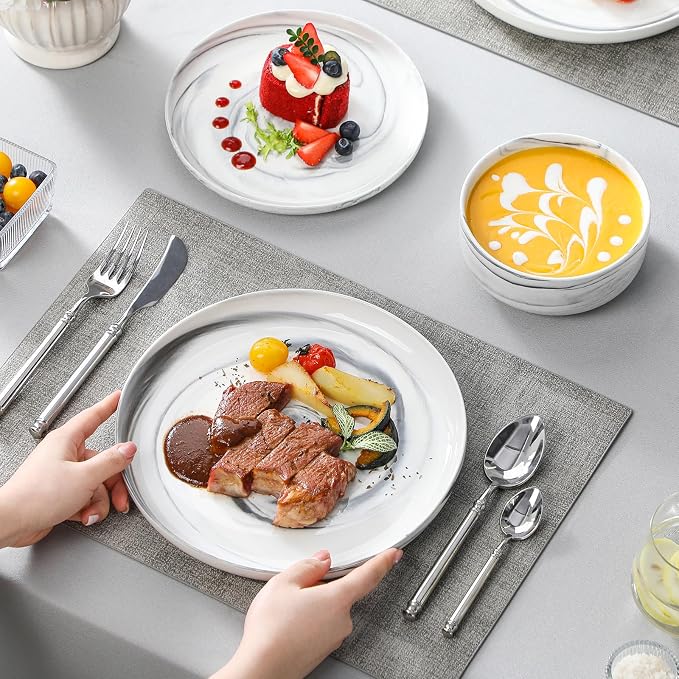 MALACASA 12 Pcs Porcelain Plates and Bowls Sets,Dinnerware Set for 4,Grey | Modern Ceramic Dishware Set,Kitchen Dining Ware,Microwave and Dishwasher Safe,Unique Marble Grey Design,Series LUNA