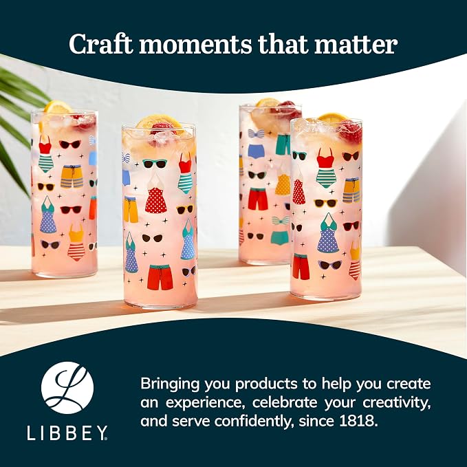 Libbey Vintage Swim Drinking Glasses Set of 4, Colorful, Retro Swimsuits Design Glass Cups Set, Dishwasher Safe Water Glasses Set for Cocktails