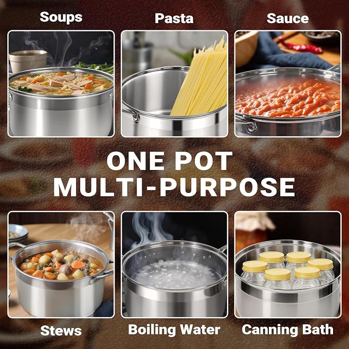 Kirecoo 5 Quart Stainless Steel Induction Stock Pot with Visible Lid | Heavy Duty, Even Heat, Thick Nonstick Base, Deep Cookware for Soup Pasta & Spaghetti, Ideal for Canning, Boiling & Simmering