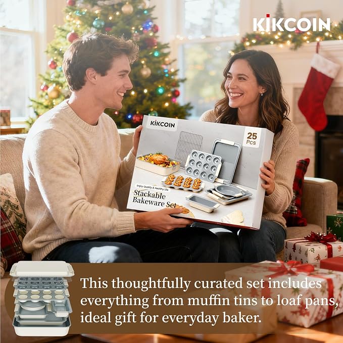 Kikcoin 25-Piece Nonstick Baking Pans Set with Large Turkey Roasting Pan, Stackable Bakeware Set, 450°F Oven Safe Baking Sheet Set with Silicone Handles, Carbon Steel Cookie Sheets for Baking, Cream