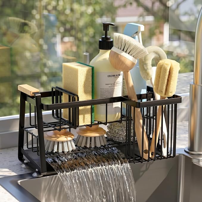 Housolution 2-Tier Sponge Holder for Kitchen Sink Caddy with Brush Holder | Auto-Draining, Suction Cups, Wooden Handle , Kitchen Sink Countertop Organization Storage, Dish Soap Holder, Rustproof, Black