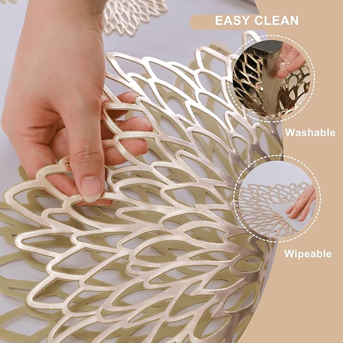Snowkingdom Pack of 18 Gold Placemats Metallic Round Leaf Bulk Pressed Vinyl Dinning Kitchen Table Charger Mats Decorations for Mothers Day Wedding Party Birthday Event Holiday Christmas Thanksgiving