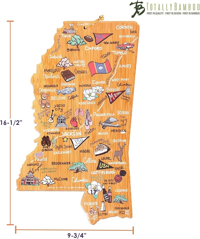 Totally Bamboo Mississippi State Shaped Cutting Board, Art by Fish Kiss | State charcuterie board with colorful hand-drawn map artwork. Smooth reverse side for food prep. Hang tie for wall display.