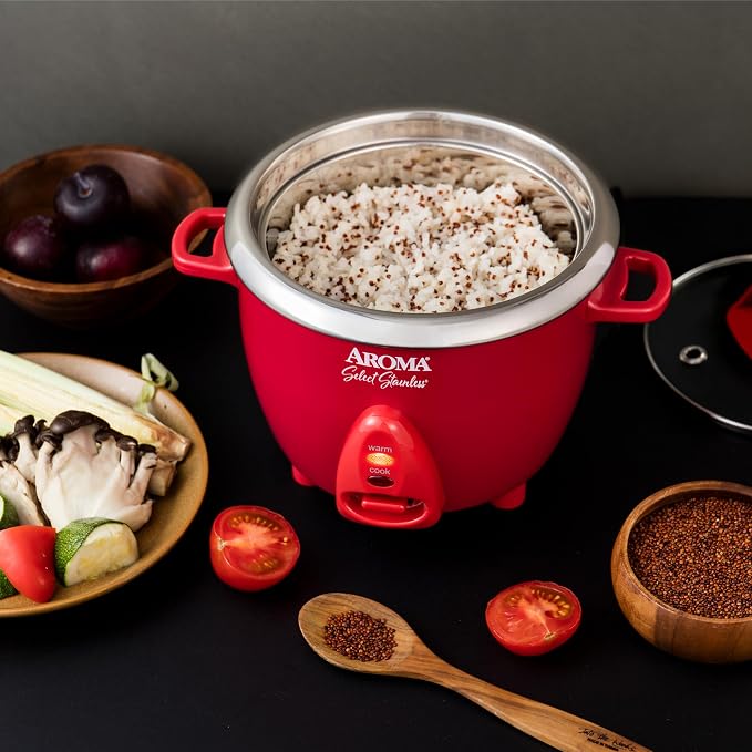 Aroma Housewares Select Stainless Rice Cooker & Warmer with Uncoated Inner Pot, 6-Cup(cooked)/ 1.2Qt, ARC-753SGR, Red
