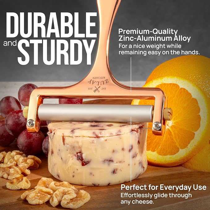 Zulay Adjustable Cheese Slicer - Wire Slicer for Mozzarella, Cheddar, Gouda - Heavy Duty With 2 Extra Wires (Rose Gold)