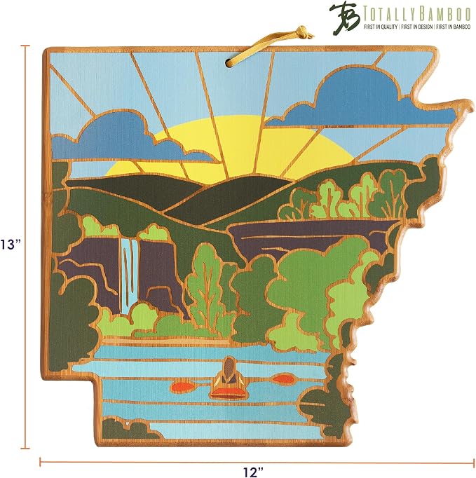 Totally Bamboo Arkansas State Shaped Cutting Board, Summer Stokes Art | State charcuterie board with colorful hand-drawn landscape art. Smooth reverse side for food prep. Hang tie for wall display.