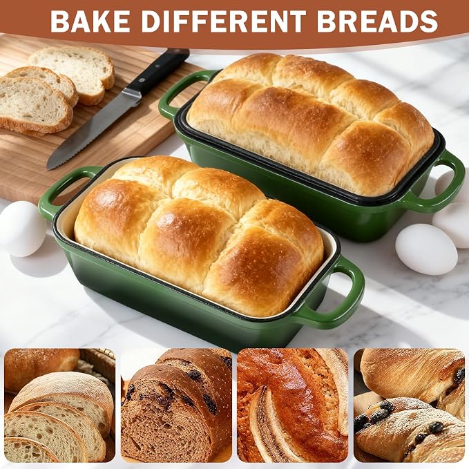 9 x 5 Inch Bread Pan Enameled Cast Iron Loaf Pan with Lid for Baking Green | 2 in 1 Non-stick Sourdough Bread Loaf Pan for Homemade Bread, Oven & Stovetop Safe for Gas, Electric & Induction