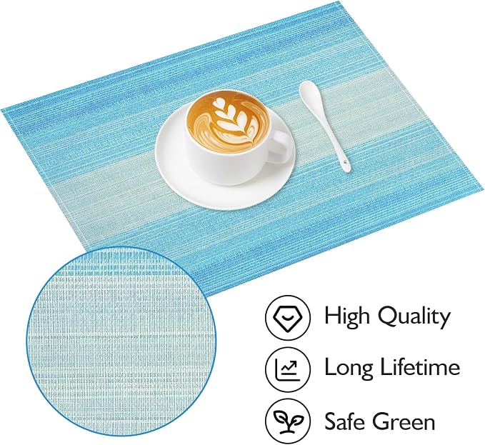 Blue Placemats Set of 12, 12x18 Inch Washable Easy to Clean Heat-Resistant Anti-Skid Table Mats for Holiday Party Kitchen Dining Room Decoration
