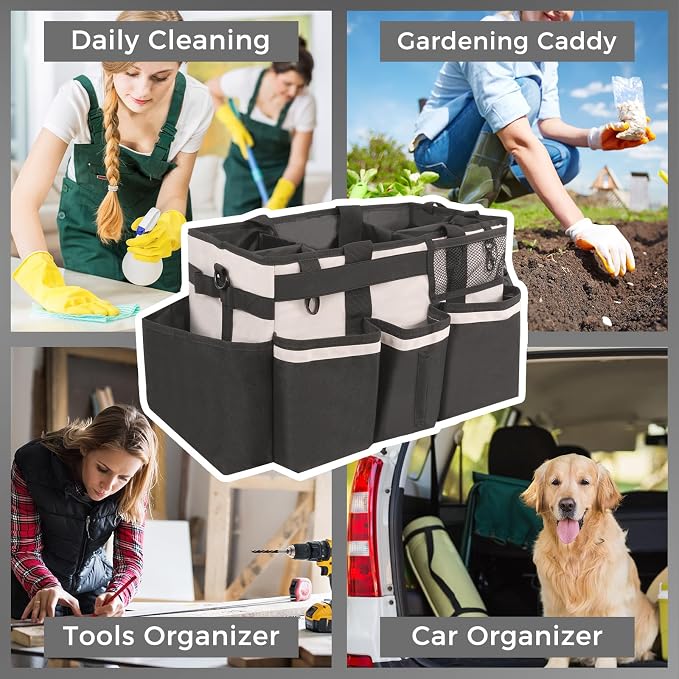 SCAVATA Wearable Cleaning Caddy, Cleaning Caddy Supplies Organizer with Handle & Shoulder Straps for Housekeepers, Under Sink & Car Cleaning Tool Organizers Bag with 4 Foldable Divider (Beige)