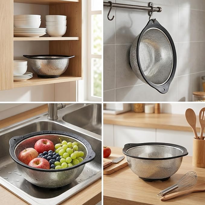 304 Stainless Steel Colander 3-Quart, Heavy Duty Metal Strainer with Riveted Handles, Micro-Perforated Food Strainer for Draining Pasta, Orzo, Rice, Berry, Stable Ring Base, Rust Free