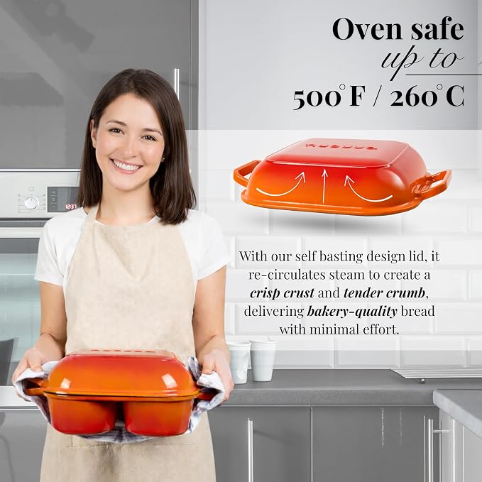 QuadPro Enamelled Cast Iron Bread Loaf Pot – Dutch Oven for Sourdough Bread Baking – 500°F Oven Safe Non Stick Bread Pot – 4 Round Loaf Spaces (4.90-inch Diameter), Orange – by Nuovva