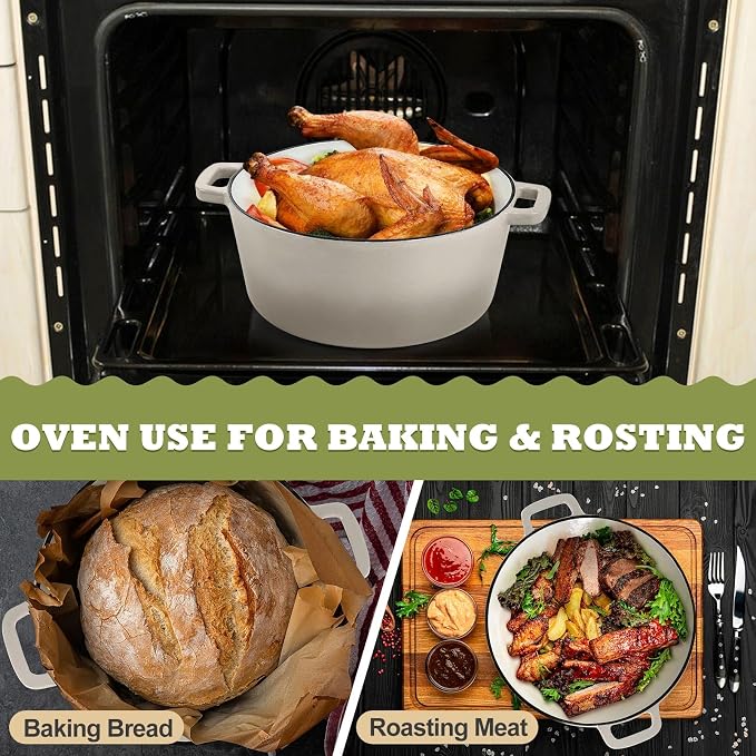 P&P CHEF 2 In 1 Khaki Dutch Oven Pot with Lid for Bread Baking, 5Qt | Cast Iron Bread Dutch Oven, Skillet & Pot for Roasting Braising Stewing Frying Simmering, Multi Stoves & Oven Safe