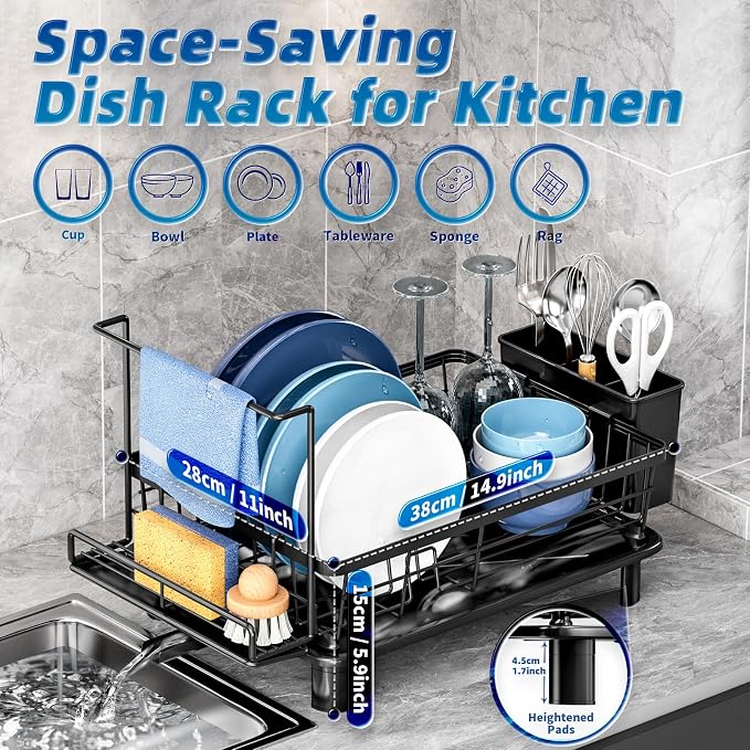 Dish Drying Rack, Stainless Steel-Dish Rack, (Black2 with Sponge Rack ) | Dish Racks for Kitchen Counter, Kitchen Dish Drainers with Removable Utensil Holder,New drain outlet,