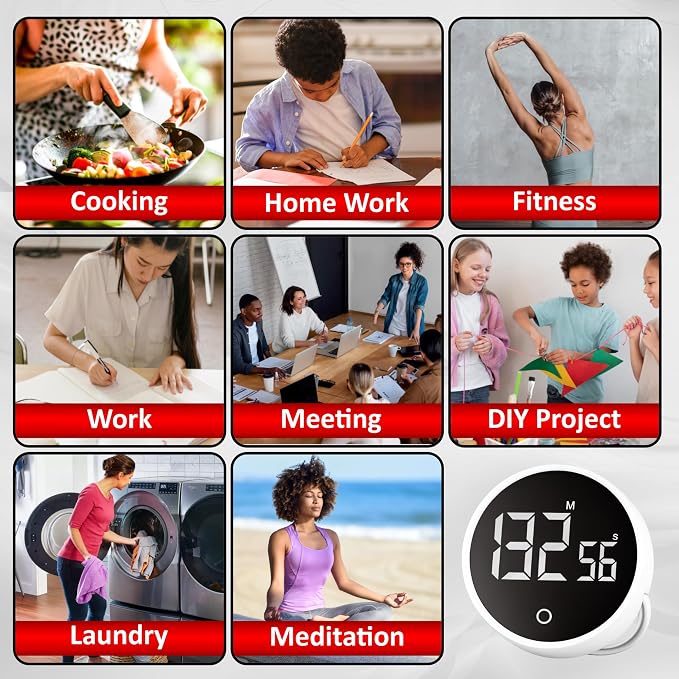 Digital Kitchen Timer with Large LED Display & Pomodoro Countdown | Magnetic rotary twist dial timer with non-slip design, back stand, ideal for cooking, classroom, study, ADHD & productivity.