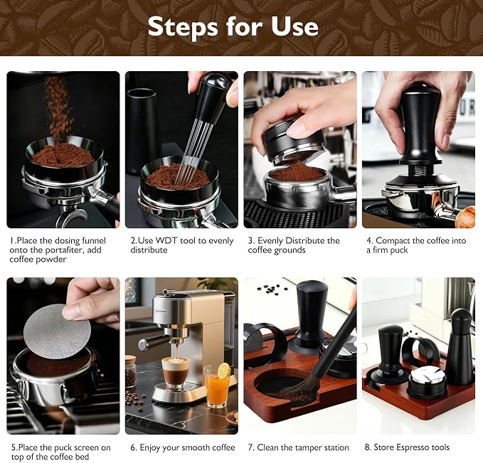 7Pcs Espresso Accessories Kit 58mm Coffee Tamper Set Tool for Barista | Espresso Machine Accessories Tools Tamper Kit with Tamping Station, WDT Tool, Coffee Distributor, Dosing Funnel, Puck Screen