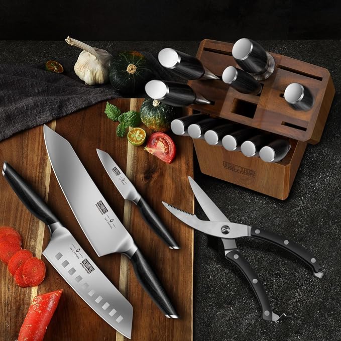 HOSHANHO 16-Piece Kitchen Knife Set with Block, Ultra Sharp Chef Knife Set | High Carbon Powder Steel Knife Block Set, Professional Knife Set with Sharpener, Ergonomic Pakkawood Handle