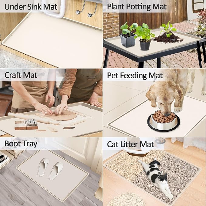 Silicone Coffee Maker Mat with Lip for Countertops, 19.7''x15'' Cream White | Multi leak-proof coffee tray for countertop, non-slip silicone tray for under coffee machine espresso accessory, wipe-clean