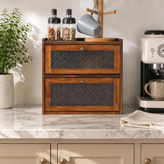 Sunhoo Bread Box for Kitchen Countertop, Large Pine Wood Breadbox, Brown | Farmhouse Pantry Container, Double Layer Storage, Fresh Homemade Sourdough Bin, Vintage Textured Acrylic Door, Easy Assembly