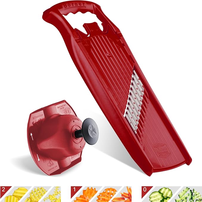 Börner by Reston Lloyd Wave-Waffle Power Line • Crinkle Cut/Spirelli Vegetable Slicer & Food Safety Holder • Slicer for Wave Waffle Cut Style • Multiple Thickness Options • Made in Germany, Red