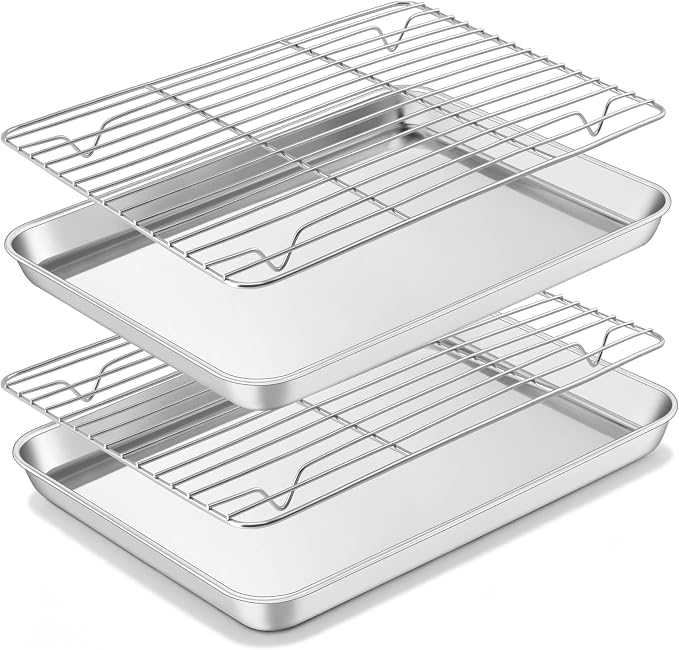 Homikit Quarter Sheet Pan with Rack Set for Toaster Oven (2 Sheets+2 Racks) | 12x10 Inch Stainless Steel Baking Sheets & Wire Cooling Grids, Small Cookie Pans Non Toxic, Metal Bacon Tray, Dishwasher Safe