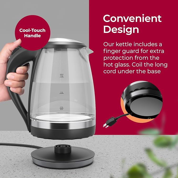 MuellerLiving Glass Kettle 1.5L 1500W LED Light Electric Tea Kettle Automatic Shut-Off with SpeedBoil Tech and Boil-Dry Protection | 1.5L | 1500W | LED Light | Automatic Shut-Off | SpeedBoil Tech | Boil-Dry Protection