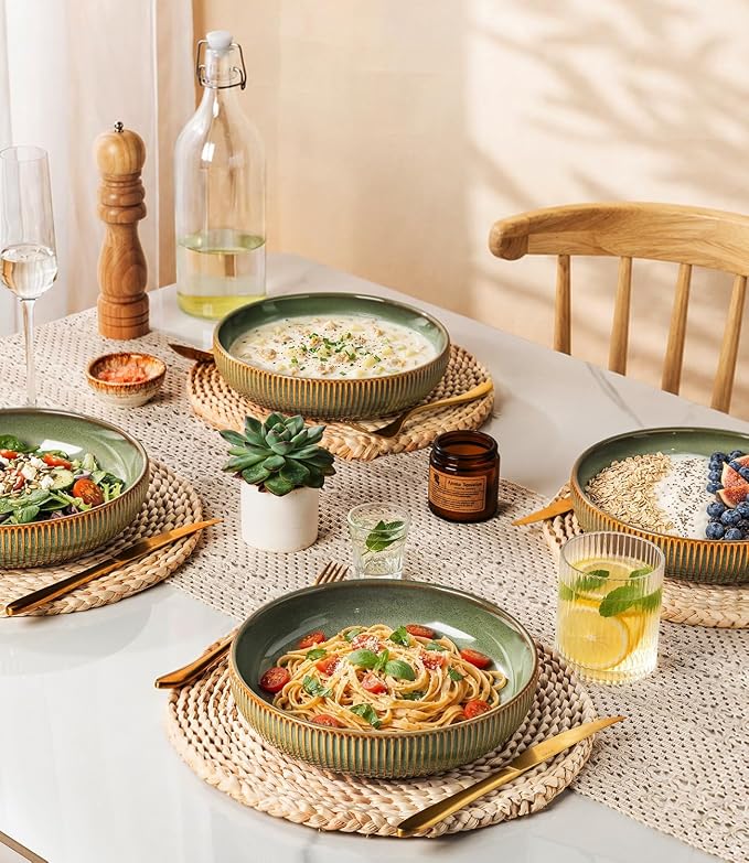 8.5" Ceramic Pasta Bowls Set of 4, Salad Bowls | Versatile Serving Bowls for Pasta, Salad, Fruit & Noodles, Housewarming & Wedding Gift, Sage Umber