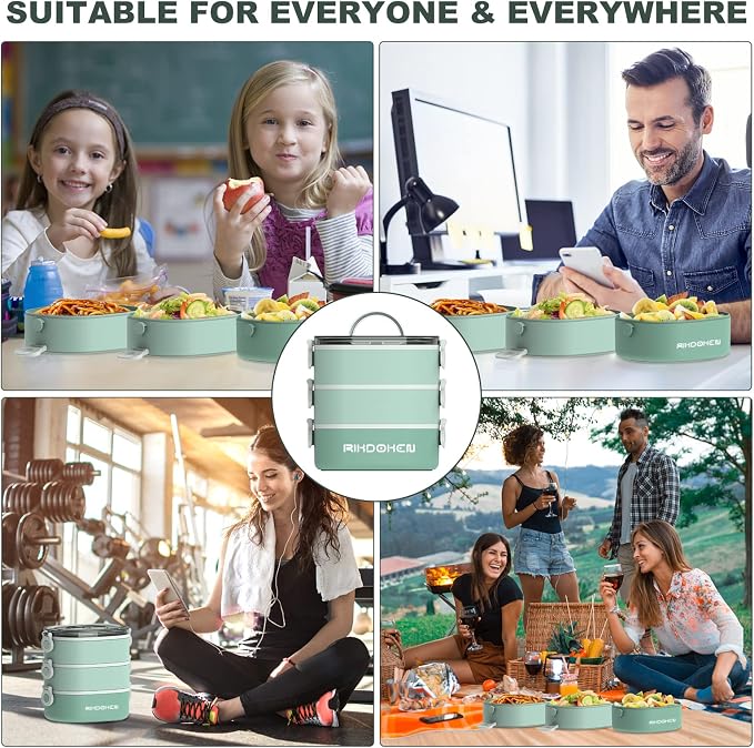 RIKDOKEN Lunch Box, Stackable 3 Layers Containers, Portable 94OZ Large Capacity Leakproof Bento Box with Spoon & Fork & Sauce Boxes, Microwave Safe Lunch Box for Kids and Adults