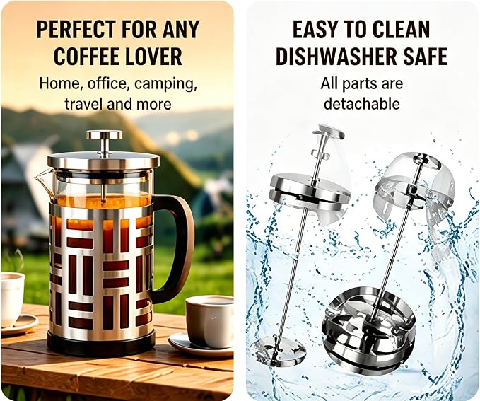 French Press Coffee Maker 34 oz, Glass Coffee Press Plastic-Free Brewer | Thickened Glass Stainless Steel, for Coffee, Cold Brew,Tea & Cocoa, With Extra Filter