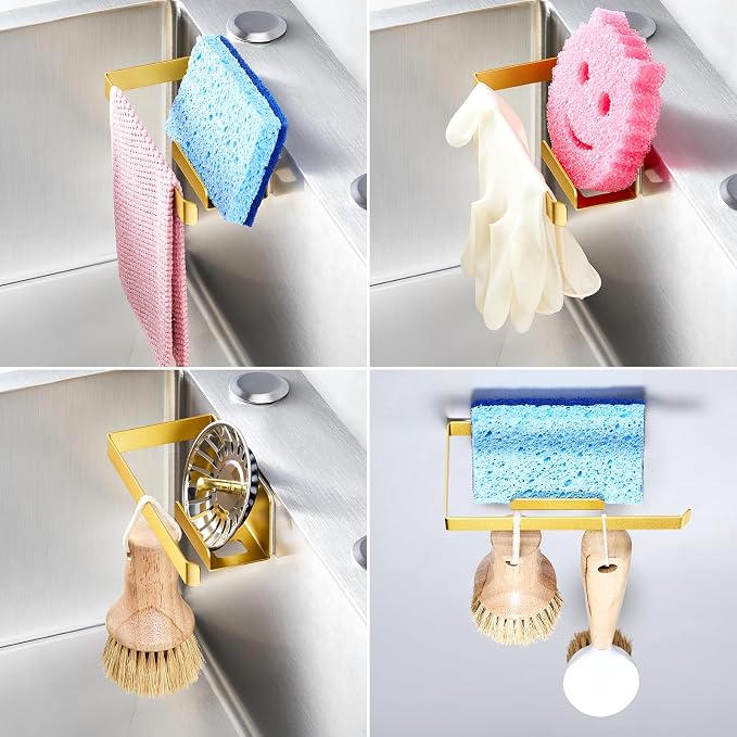 Sponge and Dish Cloth Holder for Kitchen Sink, 2 in 1 Adhesive Sink Dish Sponge Holder, Sinks Caddy Organizer Rack for Storage Sponges Scrubber Glove and Brush, Gold