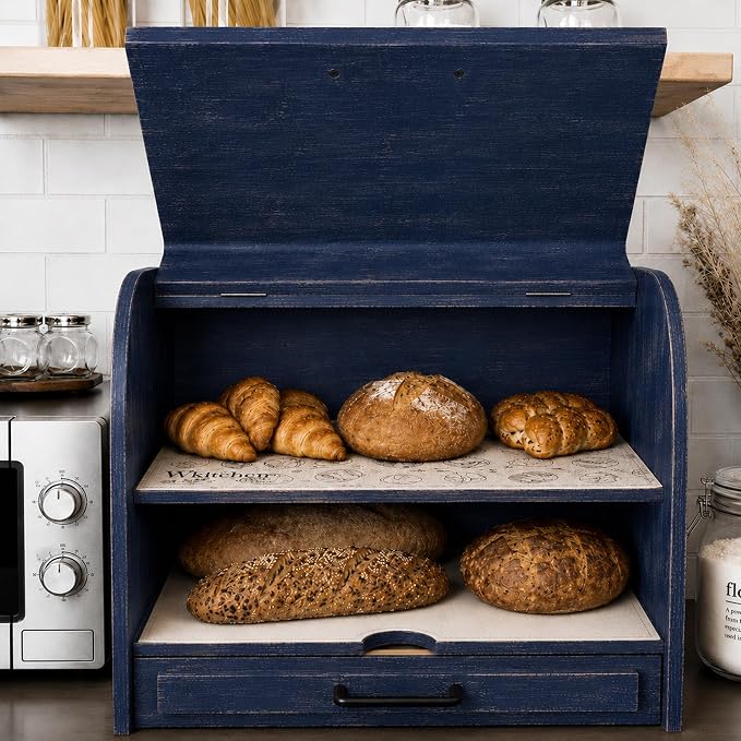 KNIFEPLANET Premium FULLY ASSEMBLED Modern Blue Bread Box – Extra Large Real Wood Bread Box for Kitchen Countertop Storage, Thick Durable Construction, Double Layer Design (17.5" x 10" x 12")