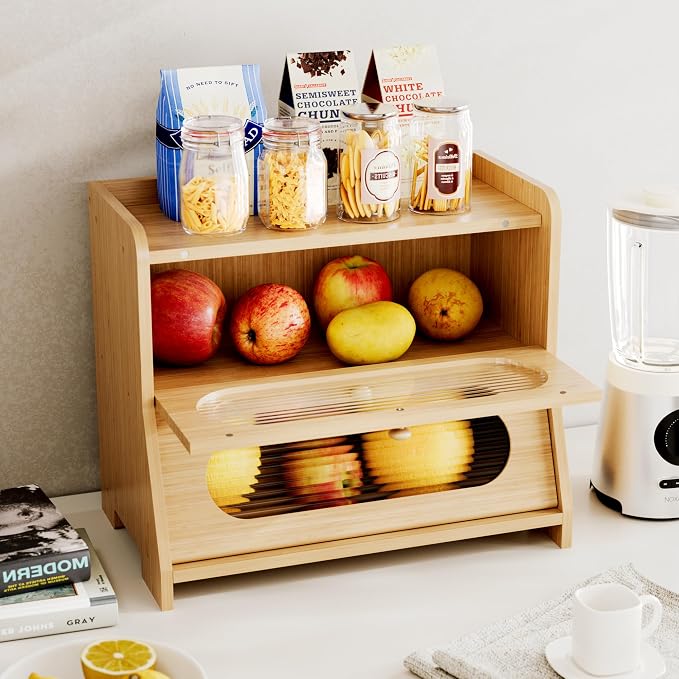 Bread Box,Extra Large 2-Tier Bamboo Bread Box for Kitchen Countertop,Bread Storage Container with Magnetic Acrylic Door for Homemade Bread,Under Cabinet,Pantry Organizer(Natural)