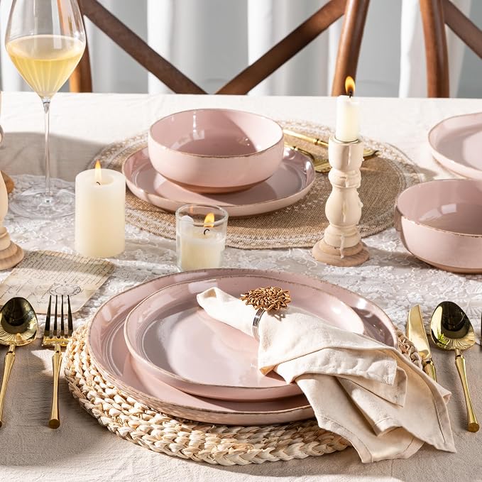 AmorArc Dinnerware Sets for 4, 12 Pieces Ceramic Plates and Bowls Set | Scratch Resistant Stoneware Dishes Set, Dishwasher & Microwave Safe, Cloud Pink