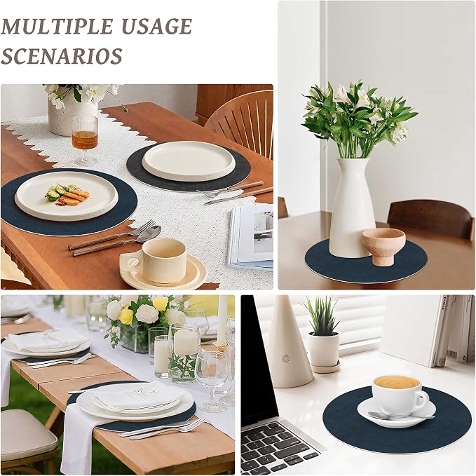 NCUE 13" Faux Leather Round Placemats Set of 4, Reversible Dual-Color | With 3.9" Coasters, 2 mm Vinyl Table Mats, Waterproof Wipeable Heat Resistant, Non-Slip Texture, for Dinner Party Home Decor