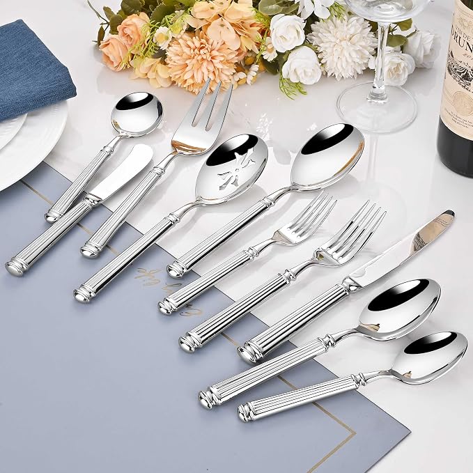 45-Piece 18/10 Heavy Duty Flatware Set for 8, High End Thick Handle Silverware Set, Stainless Steel Flatware Set with Serving Utensil, Extra Thick Heavy Weight, Ideal for Gift