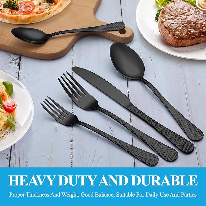 30 Pcs Black Hammered Silverware Set Service for 6,Stainless Steel Flatware Set,Mirror Polished Cutlery Utensil Set,Durable Kitchen Eating Tableware Set,Include Fork Knife Spoon Set,Dishwasher Safe