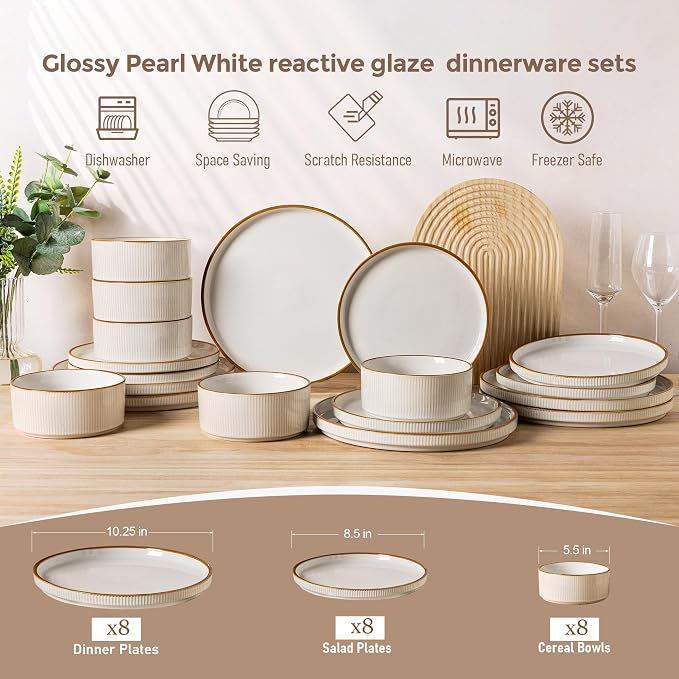 GBHOME Stoneware Dinnerware Sets for 8, 24-Piece Plates and Bowls Set | Handmade Reactive Glaze Ceramic Dish Set, Scratch Resistant, Dishwasher&Microwave Safe,Warm White